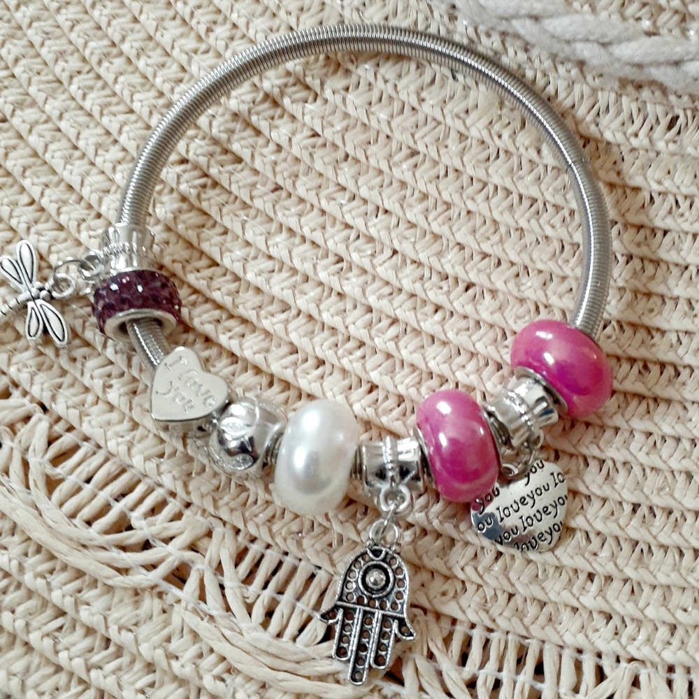 Silver and Pink Charm Bracelet